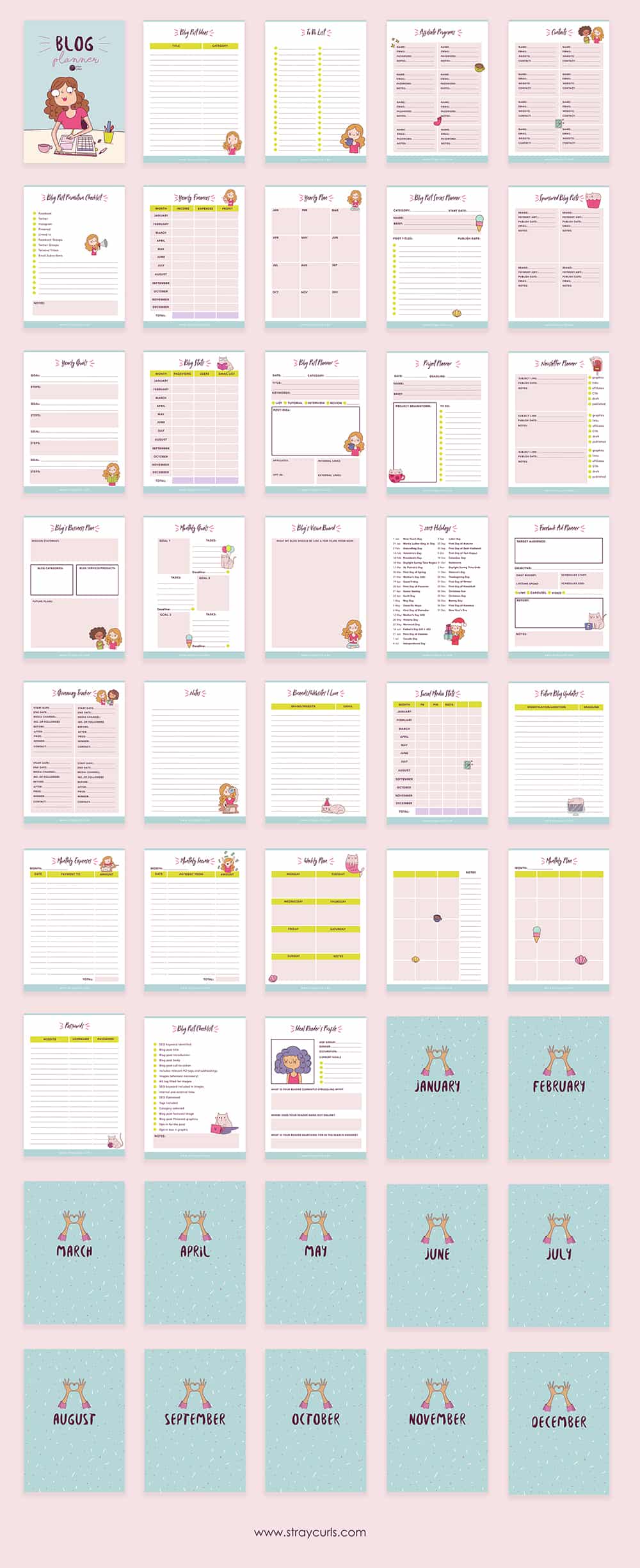 45-pages-blog-planner This free printable blog planner is not only super cute with little girl and cat stickers but is also super functional! Stay super organised and keep track of all your blogging goals by downloading this 12 page blog planner! #blogplanner #plannerlife #planner #girlboss #free #freeprintable #blogging
