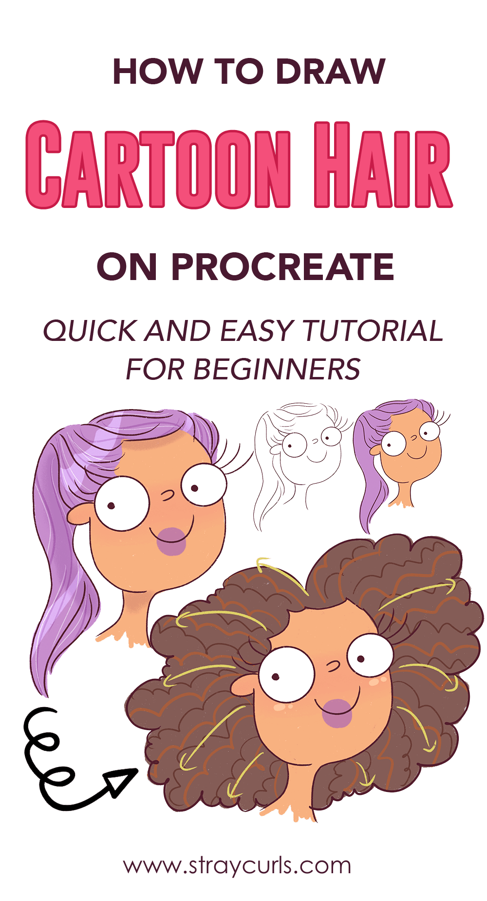 How to draw cartoon hair - an easy guide for beginners. Learn to draw straight hair and curly hair with this step-by-step guide.